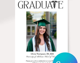 Nursing School Graduation Announcement and Invitation template, with photo, minimalist RN BSN grad, medical school, registered nurse, canva