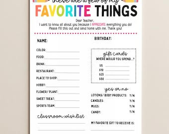 Teacher Favorite Things Questionnaire, Teacher Apppreciation Gift Ideas, Editable Canva Template (Instant Download)