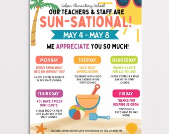 Editable Teacher & Staff Appreciation Week Itinerary Flyer Digital Download, Beach Sunshine Theme (Canva Template)