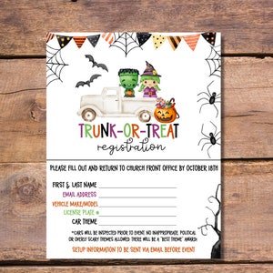 Editable Trunk or Treat Halloween Flyer and Sign Up 8.5"x11", trunk-or-treat flyer, cute kids halloween party invite, printable template