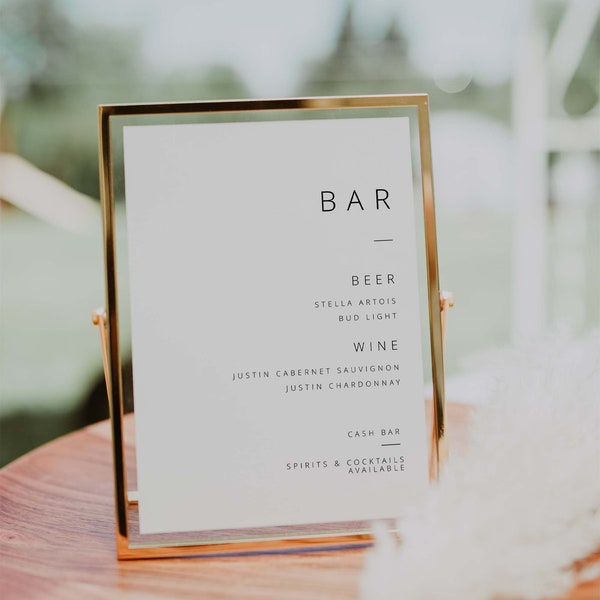 Simple Bar Menu sign template for weddings 5"x7" | Beer and Wine Menu with Cash Bar for spirits and cocktails | Minimalist modern bar menu