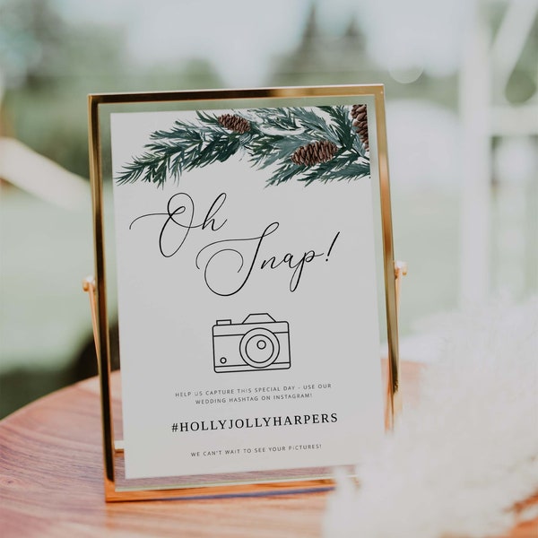 Winter Wedding Hashtag Sign template | Instagram hashtag sign download for wedding | forest green pine tree pinecone | December wedding, W01