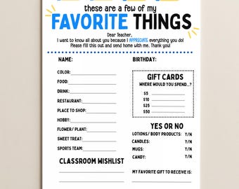 Teacher Favorites Questionnaire Printable, All About Me Survey (Digital Download)