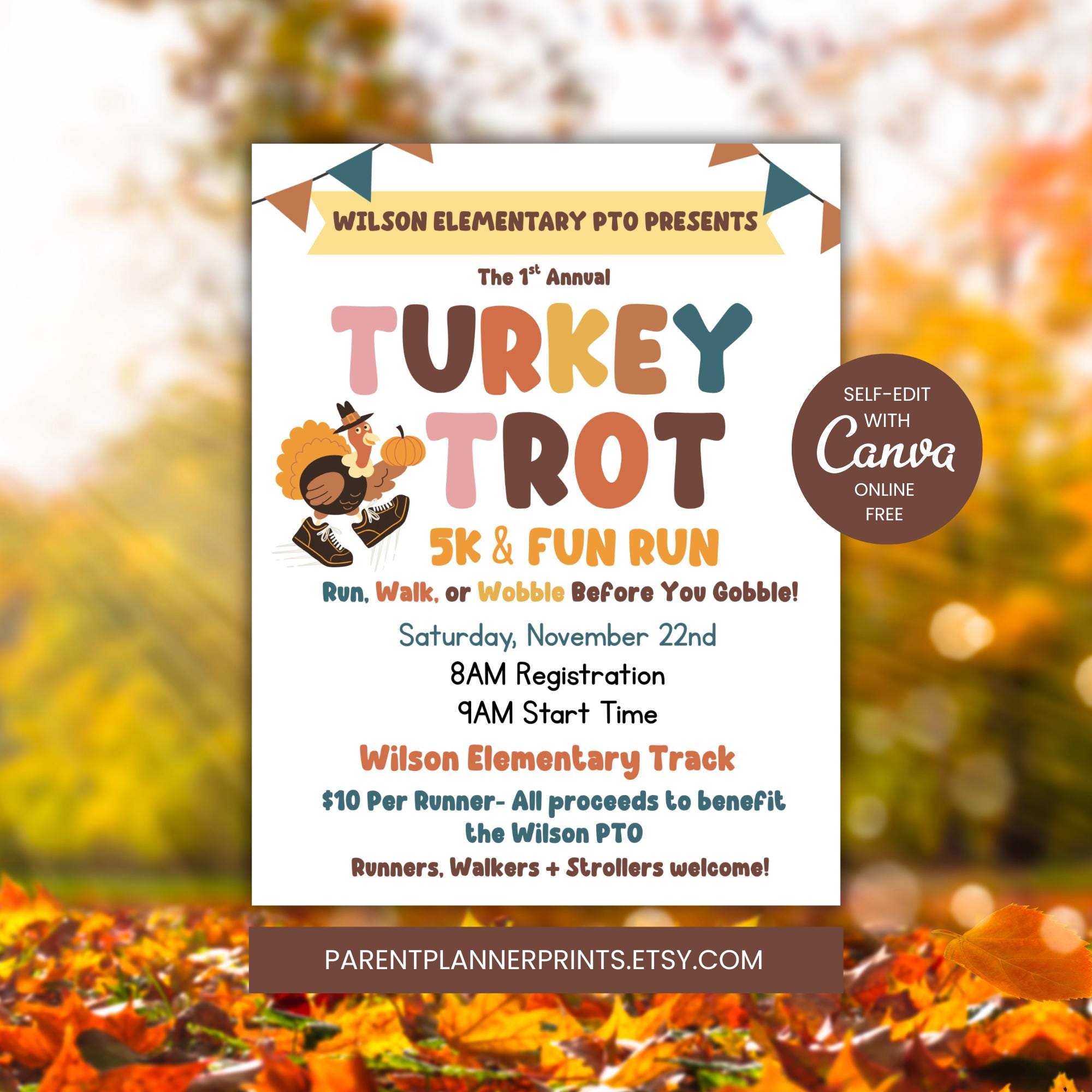 turkey trot flyer template | editable thanksgiving canva flyer