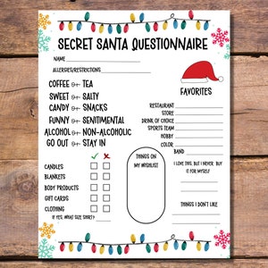 Secret Santa Questionnaire | office Christmas gift exchange questions | coworker secret santa holiday party | printable PDF download