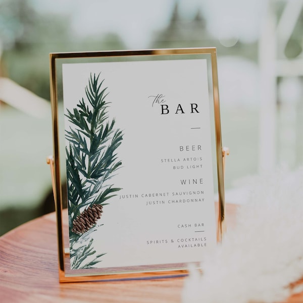 Winter Wedding Bar Menu sign template | Beer and Wine sign with cash bar wording | Christmas wedding bar menu | pine outdoor wedding, W01