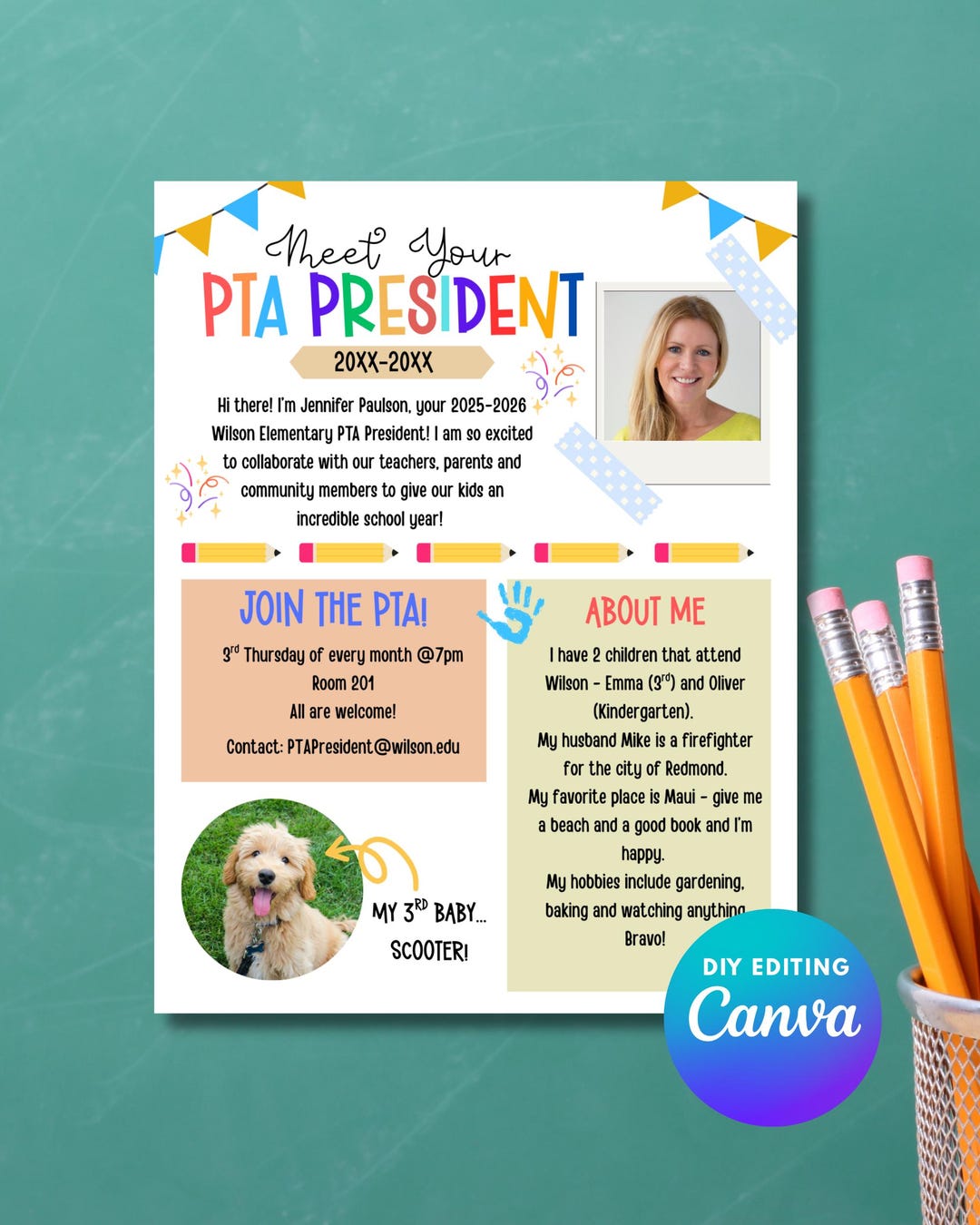 Meet Your PTA President Flyer Template, Back to School Night One Page ...