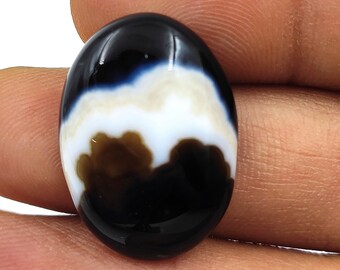 22 Carat Black Montana Agate Gemstone, Oval Polished Banded Agate