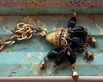 Crown Trifari Bracelet Tassel Suspended Animation Collection Black and Gold Textured Beads