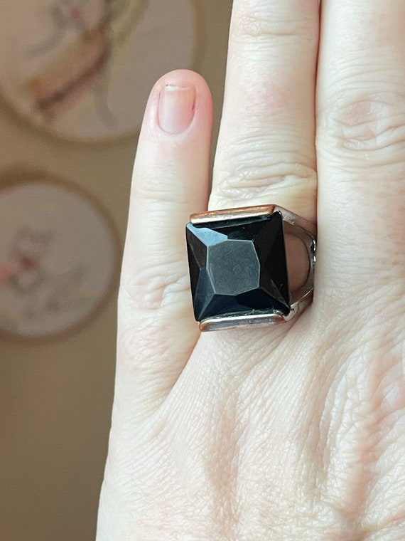 Jet Black and Silver Statement Ring, Vintage Jet J