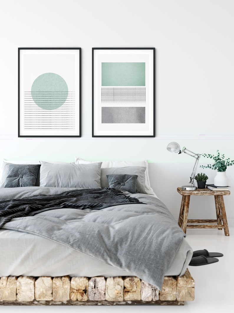 Mid Century Modern Wall Art Print Set of 2 Sage Green Grey image 1