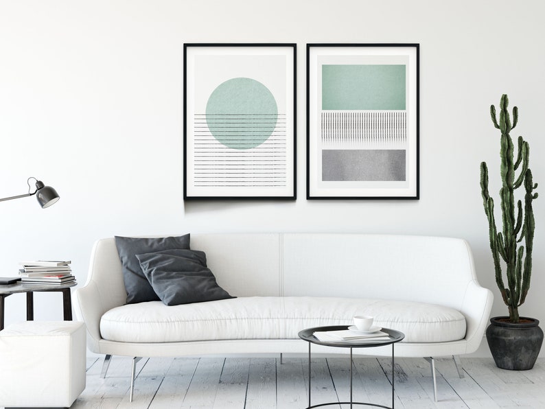 Mid Century Modern Wall Art Print Set of 2 Sage Green Grey image 0
