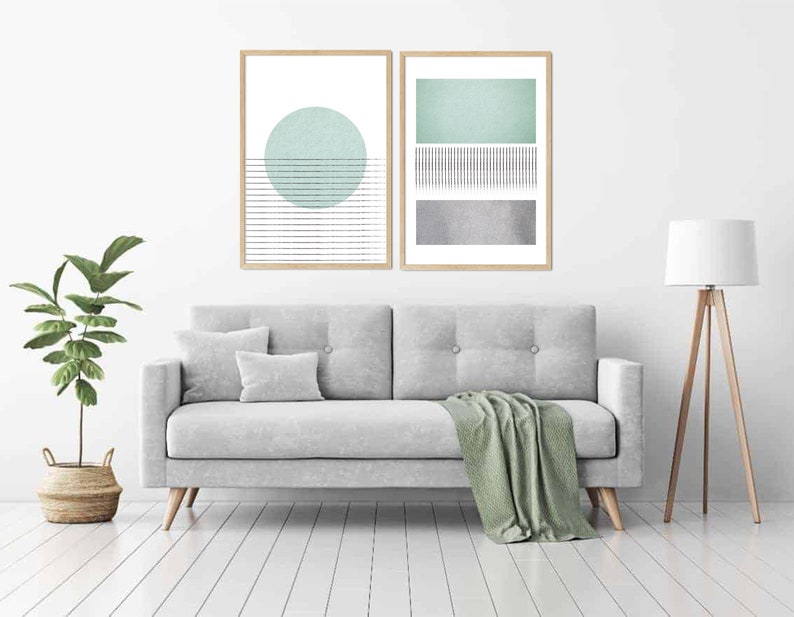 Mid Century Modern Wall Art Print Set of 2 Sage Green Grey image 2
