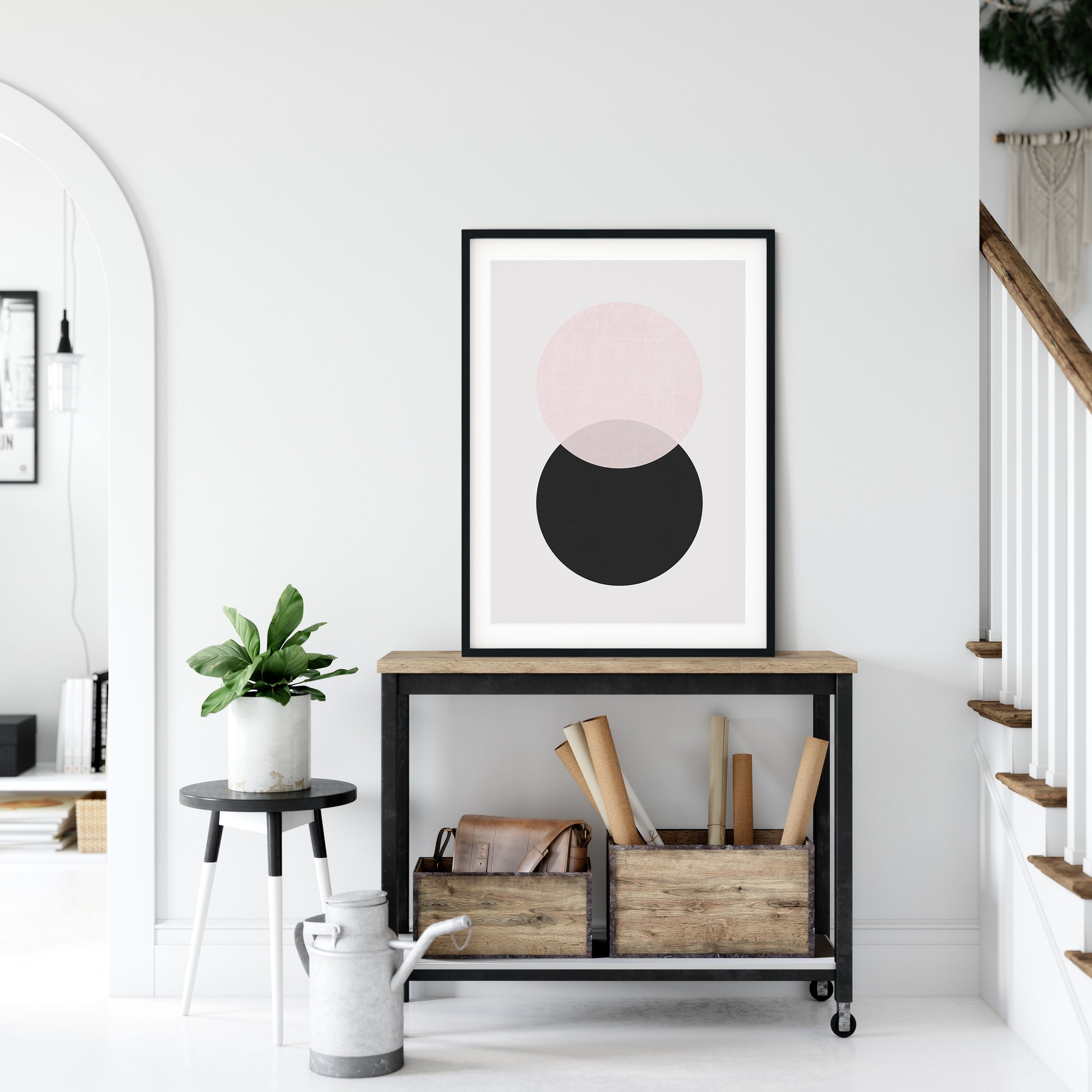 Black and Blush Pink Art Print Circles Wall Art Minimal Etsy