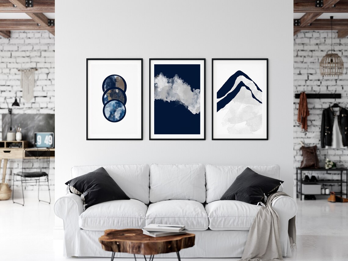Navy Blue art Prints set of 3 Indigo Wall Art abstract Etsy