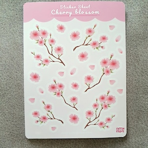 桜の花、花、枝が描かれたステッカーシート。光沢のある高品質ステッカー（全23枚）。