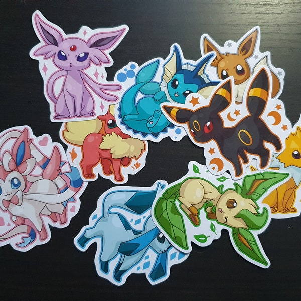 Pokemon Eevee Evolution Stickers Set, 9 Pieces, Size S M L, paper or Waterproof, Cute Sticker Pack, Kawaii Stickers with glossy surface