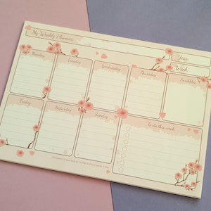 Blocco planner settimanale con fiori di ciliegio, grazioso planner fatto a mano, 3 o 6 mesi