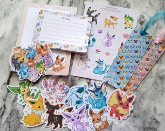 Eeveelution Bundle - Stickers, Notepads, Bookmarks - Pokemon Sticker Set, Stationery Gift Pack, Cute Notebook Accessories
