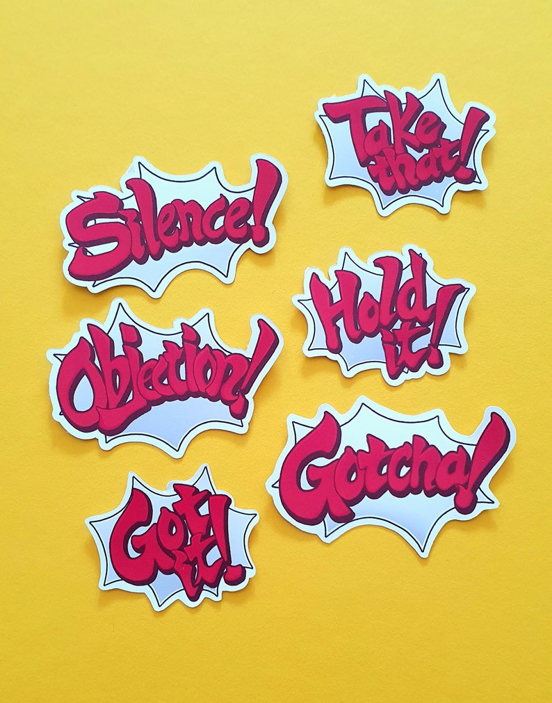 May include: Six red and white cartoon speech bubbles with different phrases. The phrases are "Silence!", "Take that!", "Hold it!", "Objection!", "Gotcha!" and "Got it!"