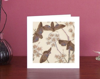 Charming and colourful moth Art Card showing several Eyed hawk moths and cherry blossom
