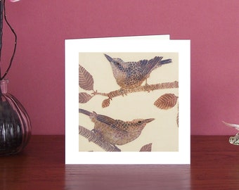 Charming and colourful bird Art Card showing a pair of Nuthatch