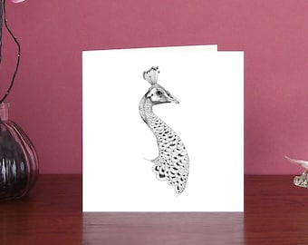 Black & white detailed ink drawing bird illustration art card of a Peacock