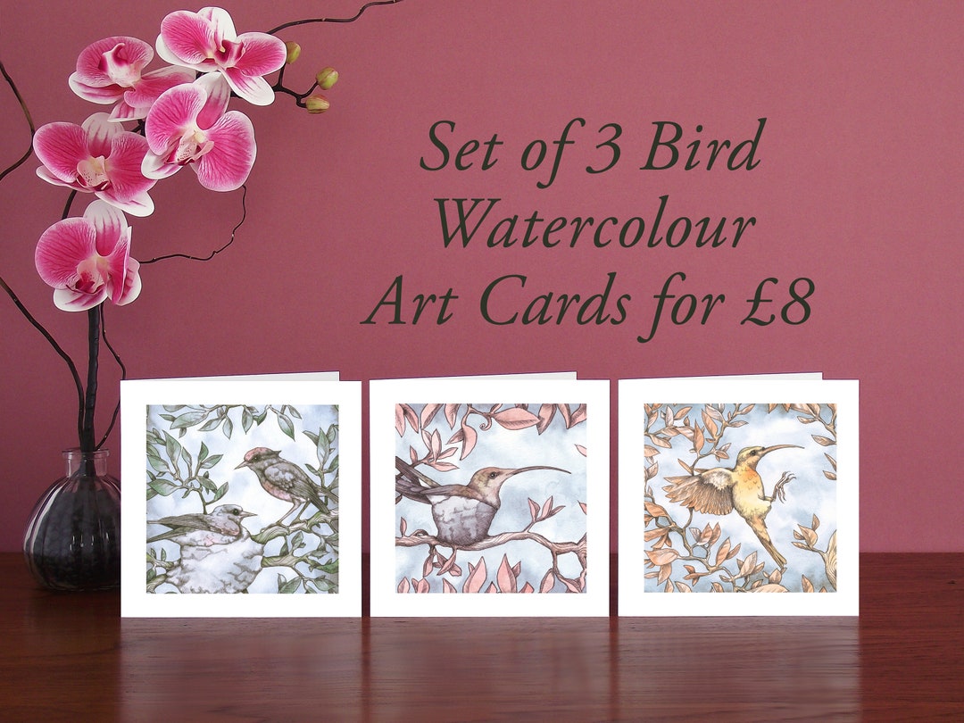 Set of Three Watercolour Bird Blank Art Cards to Celebrate Any Occasion ...