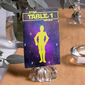 Plantilla editable de números de mesa de Star Battles: letreros 4x6 y 5x7 para bodas galácticas