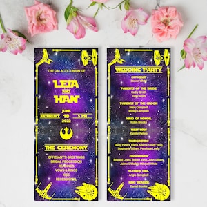 May include: A Star Wars themed wedding invitation with a purple and black galaxy background. The invitation features the text "The Galactic Union of Leia and Han" and the date "Saturday June 18, 2022, 5 PM". The invitation also includes a list of the wedding party members and their roles.