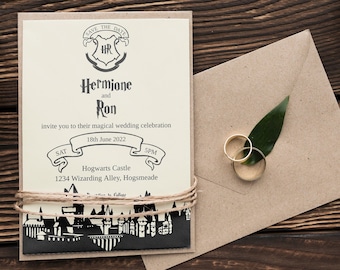 May include: A save the date wedding invitation with a Harry Potter theme. The invitation features a crest with the initials "HR" and the text "Hermione and Ron". The invitation also includes the date "18th June 2022" and the location "Hogwarts Castle, 1234 Wizarding Alley, Hogsmeade".
