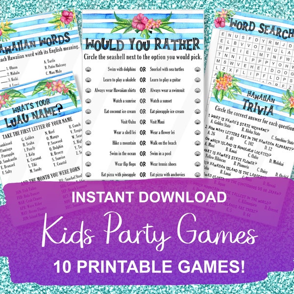 Printable Hawaiian Luau Party Games Bundle, Kids Activities, Instant Download, 10 Games!