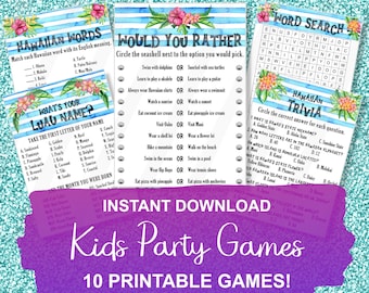 May include: Ten printable party games with a Hawaiian theme. The games include a word search, trivia, would you rather, and a Hawaiian word matching game. The games are decorated with tropical flowers and blue and white stripes.
