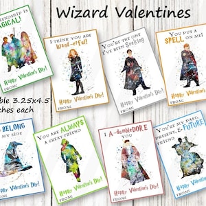 May include: Set of printable Wizard Valentine's Day cards, each 3.25 x 4.5 inches. The cards feature watercolor illustrations of wizard characters with phrases like "Our Friendship is Magical!" and "You're the One I've Been Seeking." Includes an instant download option.