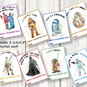 May include: Printable Valentine's Day cards featuring Star Wars characters and quotes. Each card measures 3.25 x 4.5 inches. Designs include characters like Yoda, Darth Vader, and R2-D2, with phrases like "May the Force Be With You."