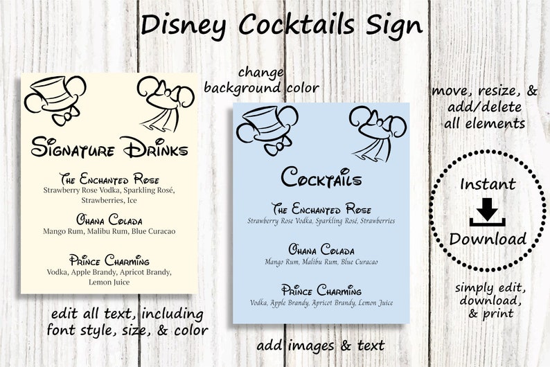 Editable Mickey & Minnie Cocktails Sign Template Magical Wedding and Events image 2