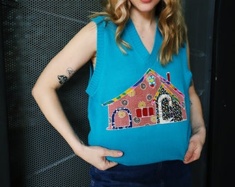 handmade applique patchwork house vintage turquoise cerulean blue sleeveless v-neck knit sweater vest