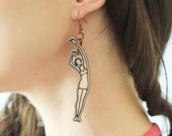 Handmade + hand-painted Du Barry Success Course vintage inspired earrings / fashion illustration / laser cut acrylic