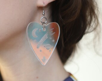 Handcrafted radiant iridescent acrylic heart planchette earrings