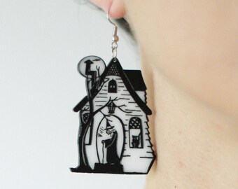Handmade laser cut acrylic Halloween earrings / Haunted house witch spooky - black and white