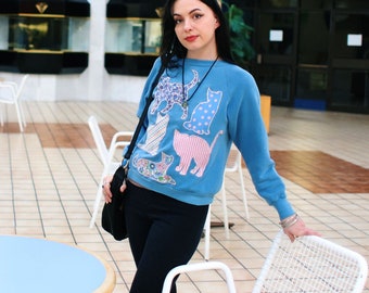 Vintage Handmade ear tipped cats applique pullover raglan crew neck sweatshirt jumper Appliqué tnr feral cat light blue