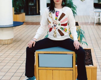 Handmade applique patchwork sunburst vintage thermal shirt long sleeve / waffle knit