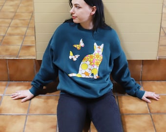 handmade floral cat butterfly applique vintage pullover sweatshirt crew neck tnr feral ear tipped