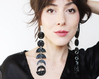 Handcrafted black sparkle moon phase dangle earrings - extra long / statement jewelry - laser cut acyrlic