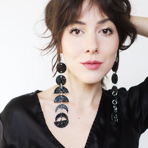 Handcrafted black sparkle moon phase dangle earrings - extra long / statement jewelry - laser cut acyrlic