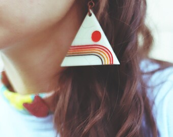 handcrafted ivory white acrylic triangle earrings -  70s retro geo rainbow stripe