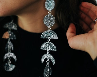Handcrafted silver sparkle moon phase dangle earrings - extra long / statement jewelry - laser cut acyrlic