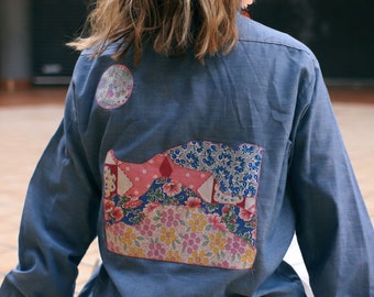 Handmade patchwork applique vintage 60s 70s chambray long sleeve button down shirt Appliqué