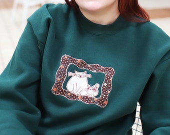 Vintage 1980s 90s handmade Appliqué cat pullover vintage crew neck sweatshirt forest green meow kitten cat lady