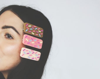 Handcrafted laser cut acrylic hair clips - 90s retro inspired geo print barrettes / primary colors geometric donut sprinkles